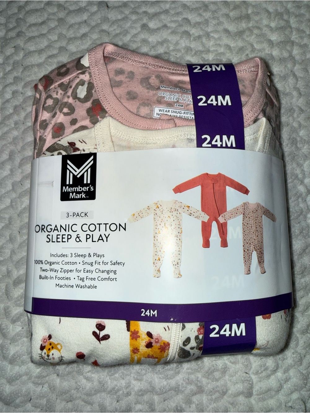 3-Pack Organic Cotton Sleep & Play Pajamas - Pink/Cream/Purple - 24M